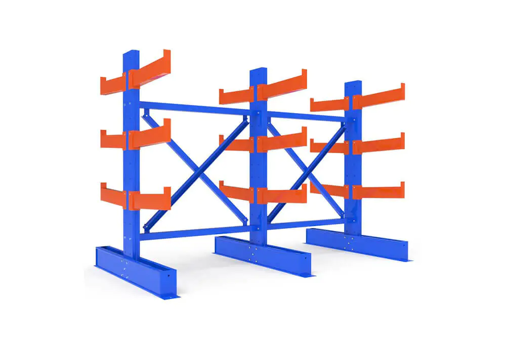 Double-sided cantilever rack component layout with columns, arms, bases, and bracing