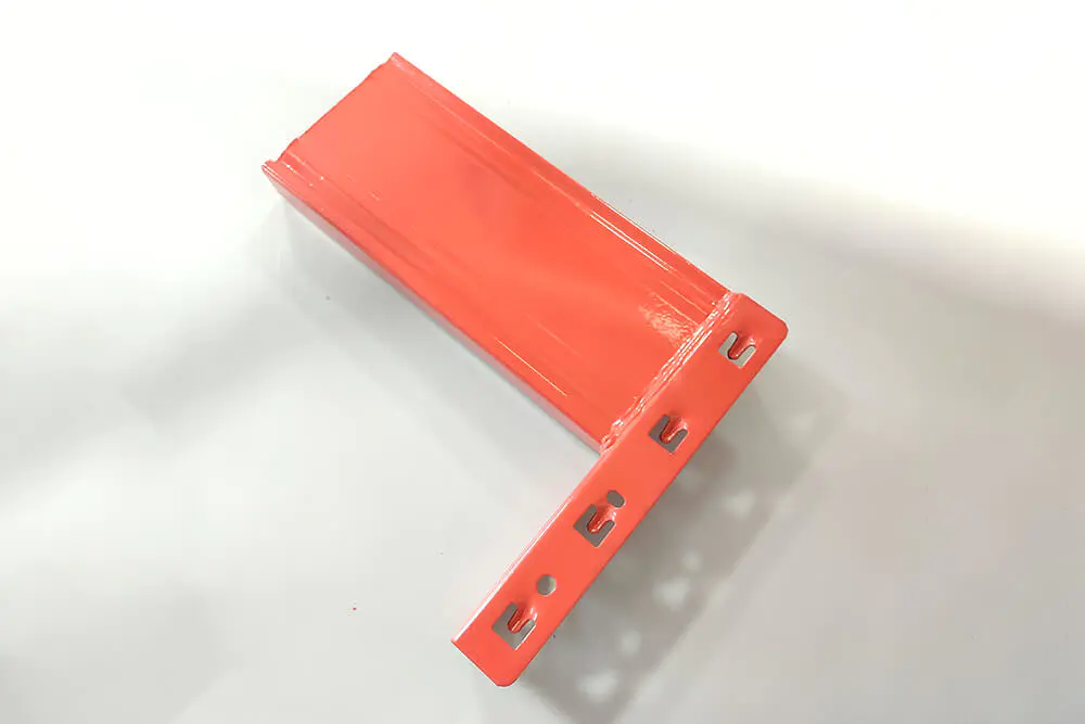 Orange pallet rack beam end connector with three hook tabs