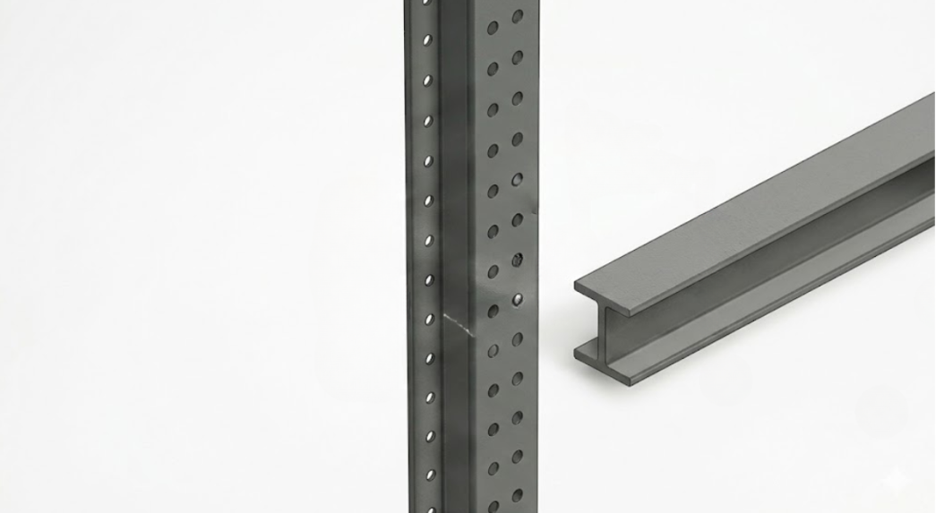 Perforated roll-formed rack upright beside a structural steel I-section