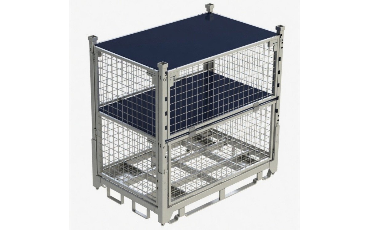 Lockable stackable wire mesh storage cage for controlled high-value electronics inventory