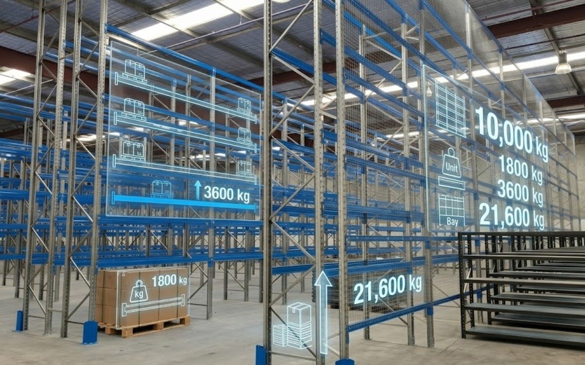 Load capacity labels on an industrial pallet rack