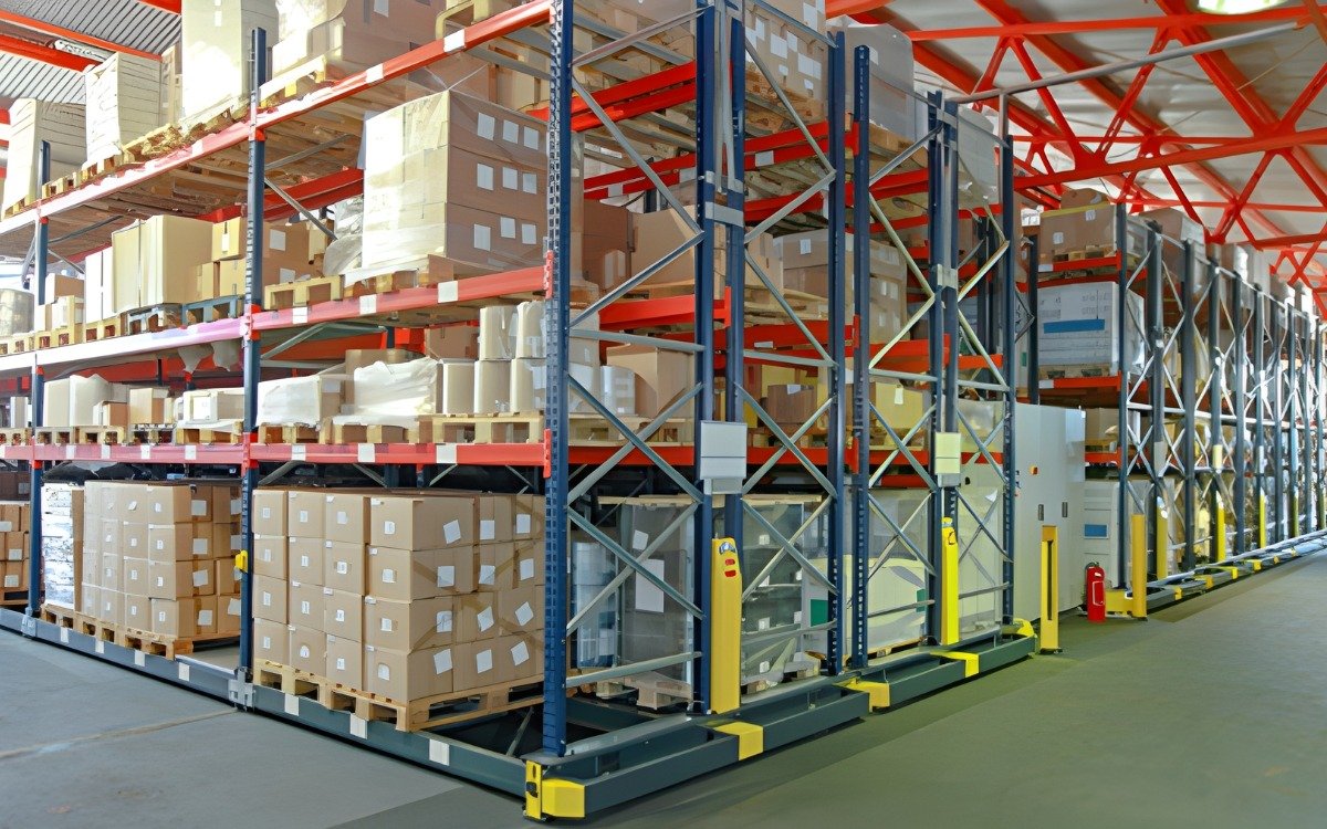 Mobile pallet racking loaded with cartons