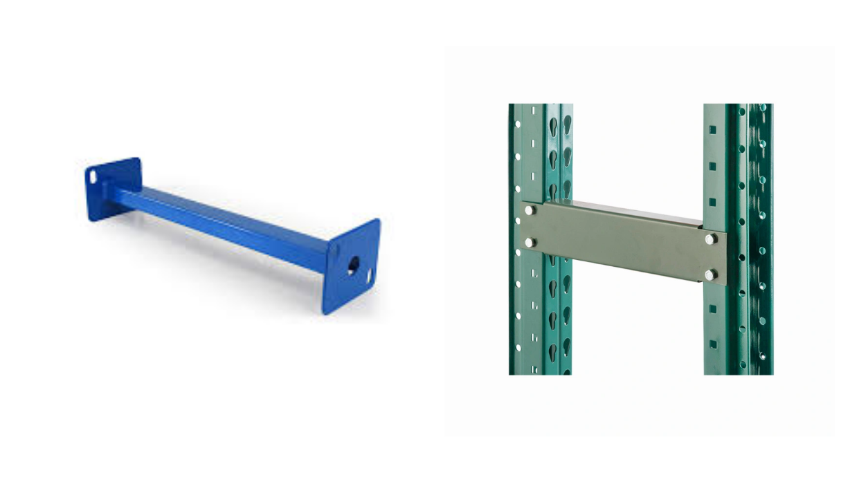 Blue pallet rack row spacer bolted to an upright frame
