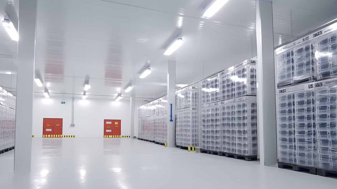 Palletized goods stored inside a clean temperature-controlled cold room