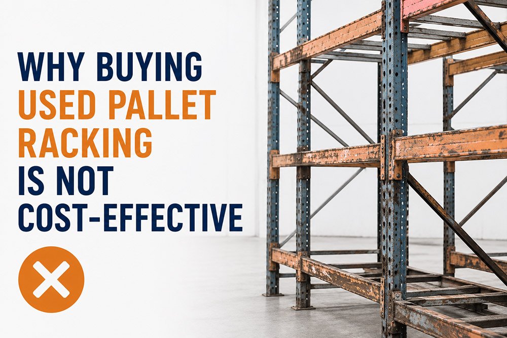 Used pallet racking with visible wear and rust for cost comparison