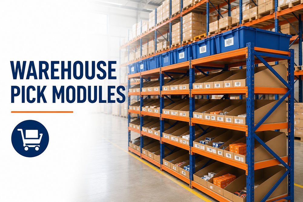 Warehouse pick module with divided bins for electronics order fulfillment